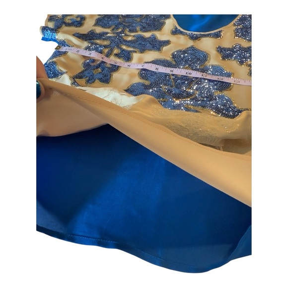 Tracy Reese Mixed Media Cap Sleeve Sequin Sheer Overlay Blue Tan Size M Neiman - Picture 13 of 14